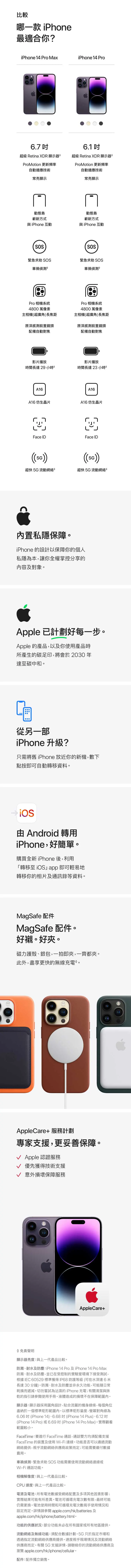 最新iPhone 14 Pro Max及 iPhone 14 Pro帶來全新設計，包括標緻性的動態島功能，仿生晶片、相機系統鏡頭及升級Retina 顯示器等。