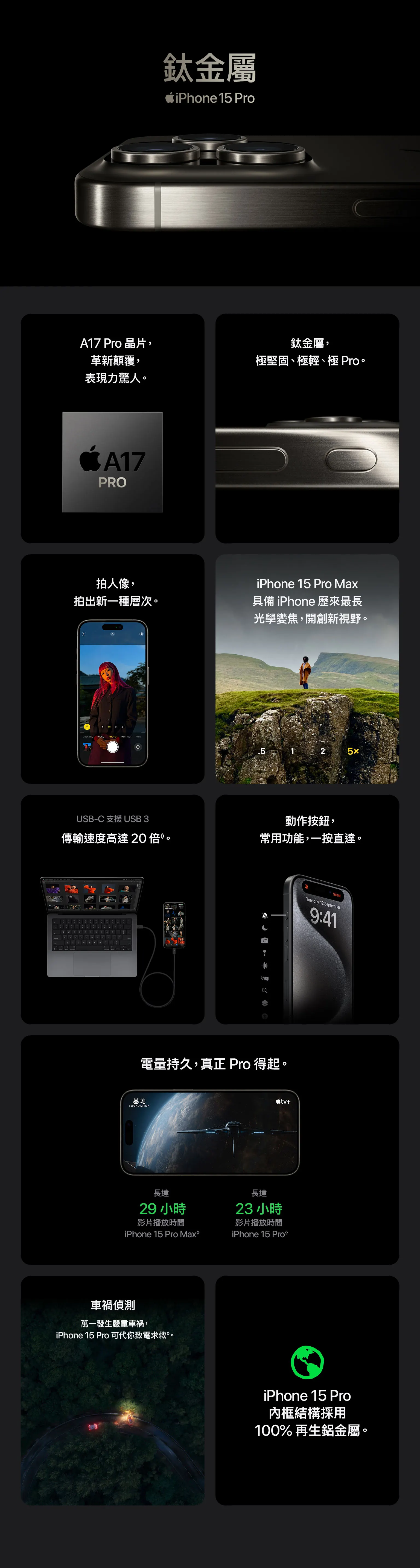 最新iPhone 15 Pro Max及 iPhone 15 Pro帶來全新設計，包括標緻性的動態島功能，仿生晶片、相機系統鏡頭及升級Retina 顯示器等。