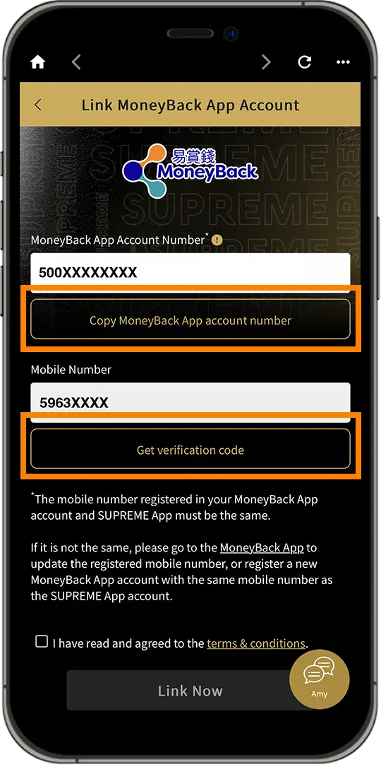 link up MoneyBack App account step 3