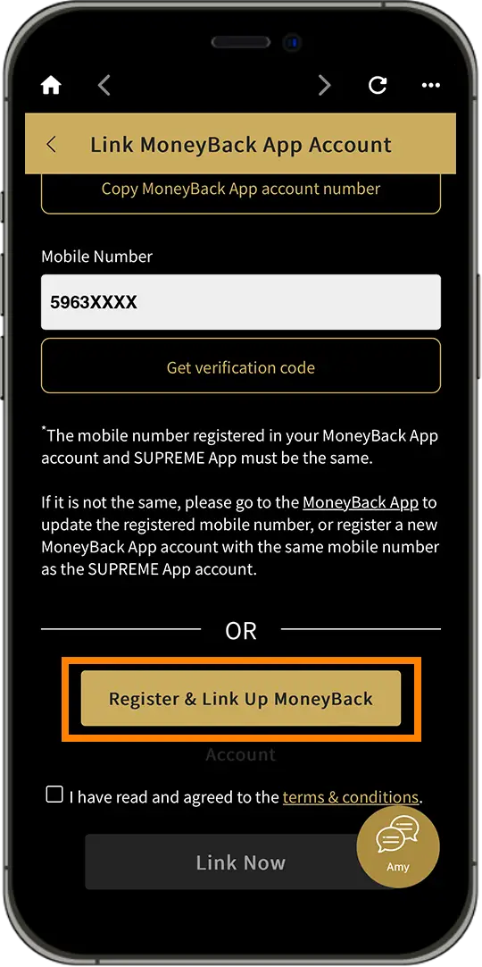 link up MoneyBack App account step 2